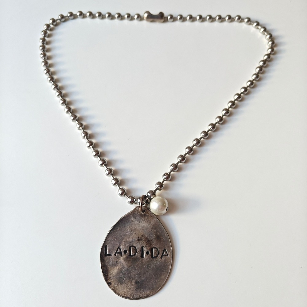 Artisan LA-DI-DA Stamped Hammered Teardrop Pendant Pearl Ball Chain Necklace